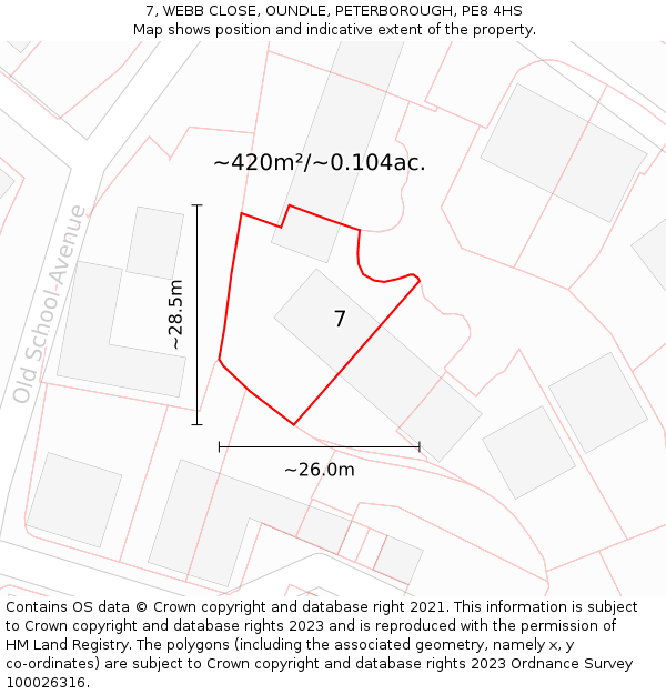 7, WEBB CLOSE, OUNDLE, PETERBOROUGH, PE8 4HS: Plot and title map