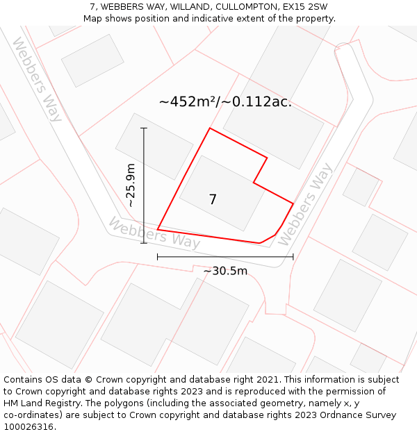 7, WEBBERS WAY, WILLAND, CULLOMPTON, EX15 2SW: Plot and title map