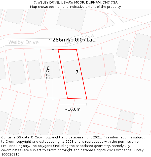 7, WELBY DRIVE, USHAW MOOR, DURHAM, DH7 7GA: Plot and title map