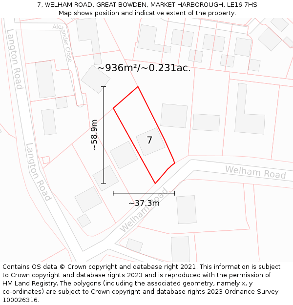 7, WELHAM ROAD, GREAT BOWDEN, MARKET HARBOROUGH, LE16 7HS: Plot and title map
