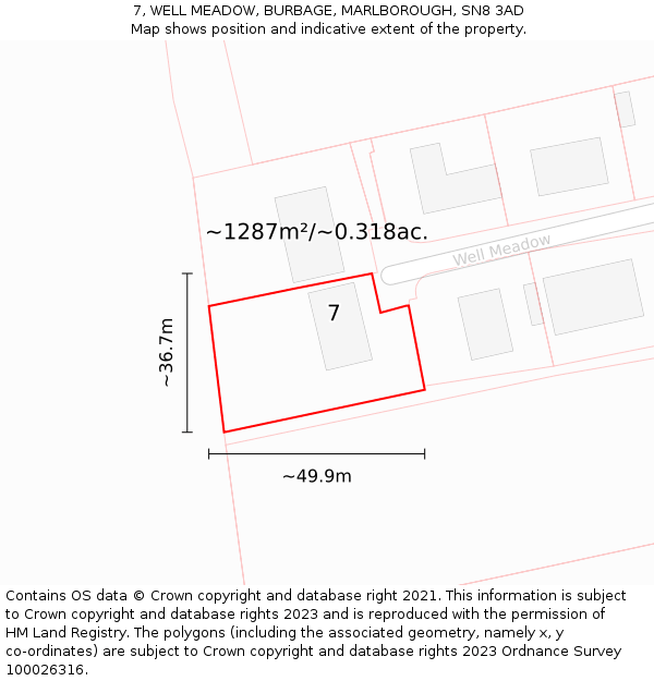 7, WELL MEADOW, BURBAGE, MARLBOROUGH, SN8 3AD: Plot and title map