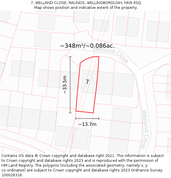 7, WELLAND CLOSE, RAUNDS, WELLINGBOROUGH, NN9 6SQ: Plot and title map