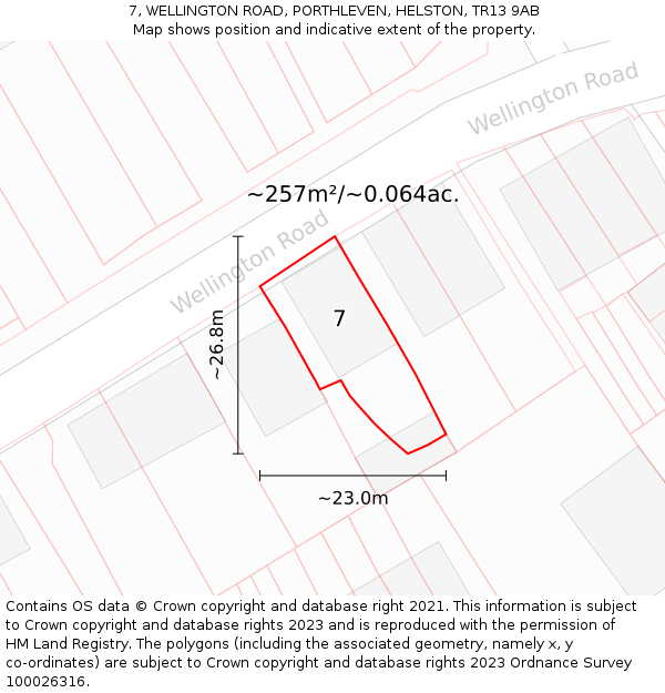 7, WELLINGTON ROAD, PORTHLEVEN, HELSTON, TR13 9AB: Plot and title map