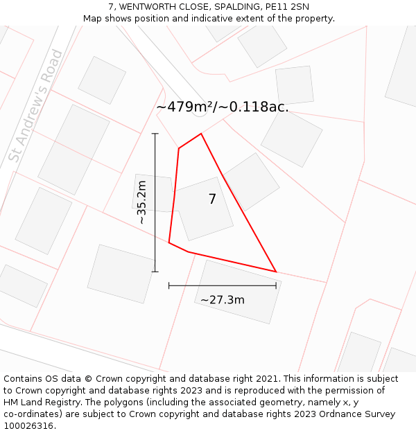 7, WENTWORTH CLOSE, SPALDING, PE11 2SN: Plot and title map