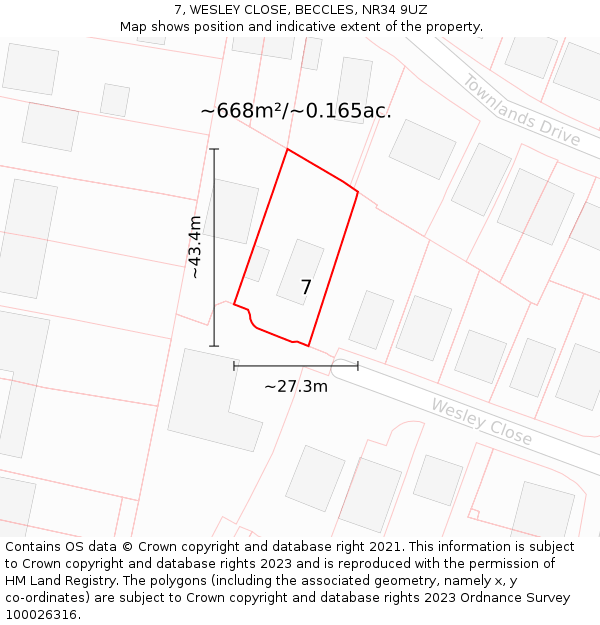7, WESLEY CLOSE, BECCLES, NR34 9UZ: Plot and title map