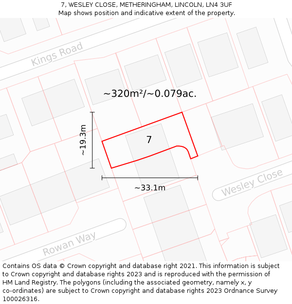 7, WESLEY CLOSE, METHERINGHAM, LINCOLN, LN4 3UF: Plot and title map