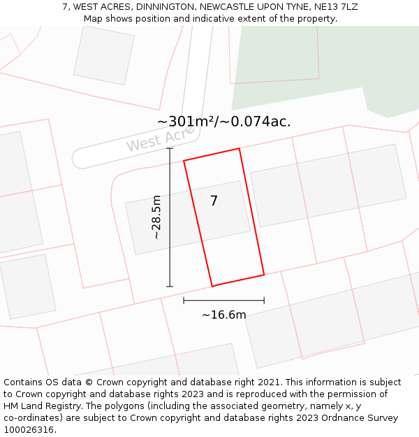 7, WEST ACRES, DINNINGTON, NEWCASTLE UPON TYNE, NE13 7LZ: Plot and title map