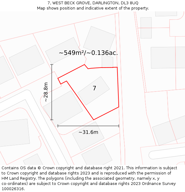 7, WEST BECK GROVE, DARLINGTON, DL3 8UQ: Plot and title map