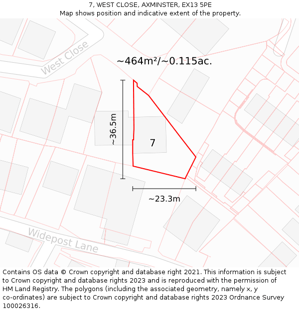7, WEST CLOSE, AXMINSTER, EX13 5PE: Plot and title map