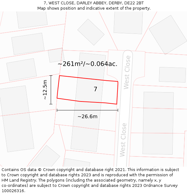 7, WEST CLOSE, DARLEY ABBEY, DERBY, DE22 2BT: Plot and title map