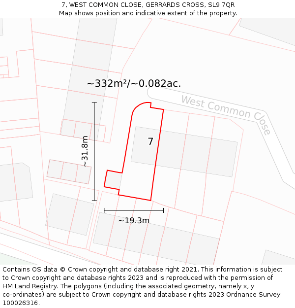7, WEST COMMON CLOSE, GERRARDS CROSS, SL9 7QR: Plot and title map