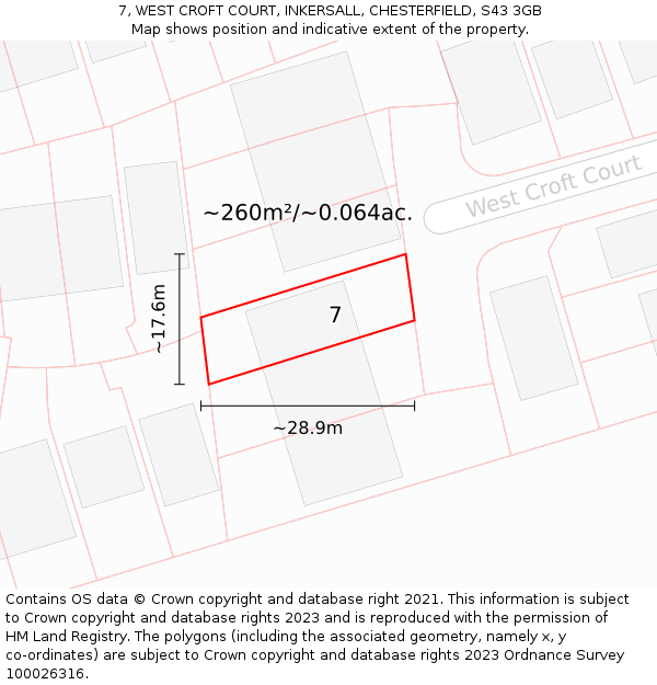 7, WEST CROFT COURT, INKERSALL, CHESTERFIELD, S43 3GB: Plot and title map