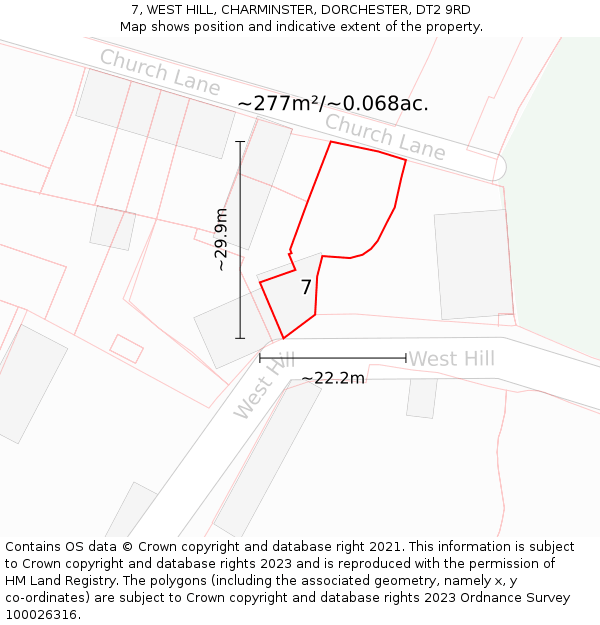 7, WEST HILL, CHARMINSTER, DORCHESTER, DT2 9RD: Plot and title map