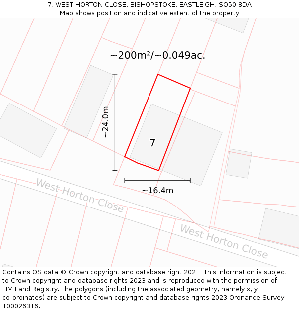 7, WEST HORTON CLOSE, BISHOPSTOKE, EASTLEIGH, SO50 8DA: Plot and title map