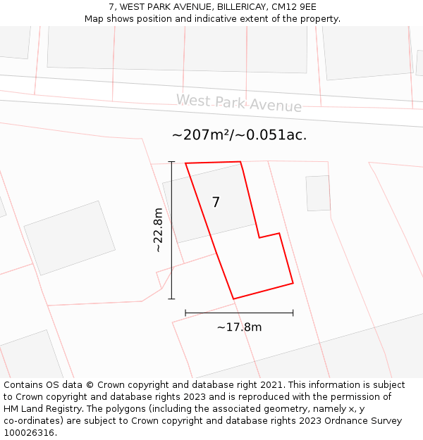 7, WEST PARK AVENUE, BILLERICAY, CM12 9EE: Plot and title map