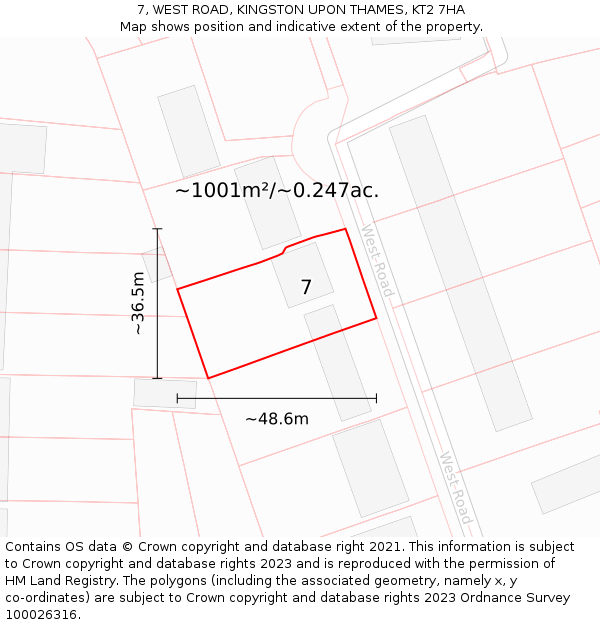 7, WEST ROAD, KINGSTON UPON THAMES, KT2 7HA: Plot and title map