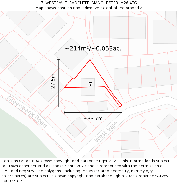 7, WEST VALE, RADCLIFFE, MANCHESTER, M26 4FG: Plot and title map