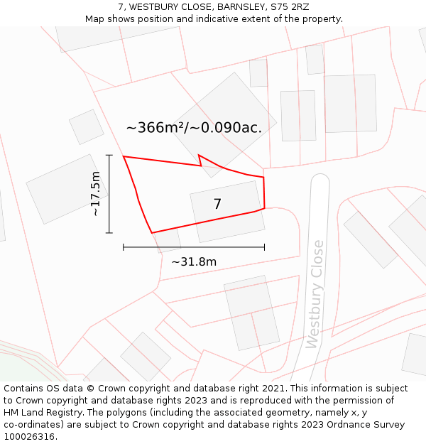 7, WESTBURY CLOSE, BARNSLEY, S75 2RZ: Plot and title map