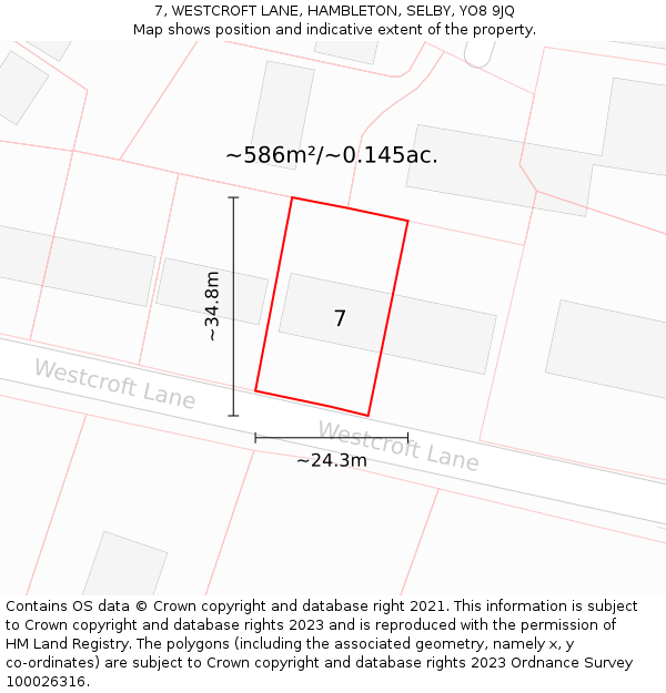 7, WESTCROFT LANE, HAMBLETON, SELBY, YO8 9JQ: Plot and title map