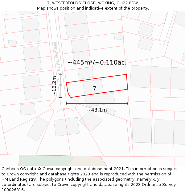 7, WESTERFOLDS CLOSE, WOKING, GU22 8DW: Plot and title map
