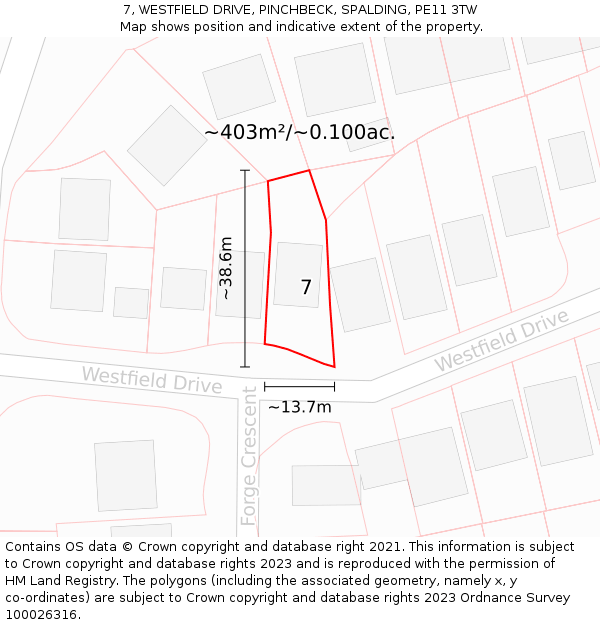 7, WESTFIELD DRIVE, PINCHBECK, SPALDING, PE11 3TW: Plot and title map