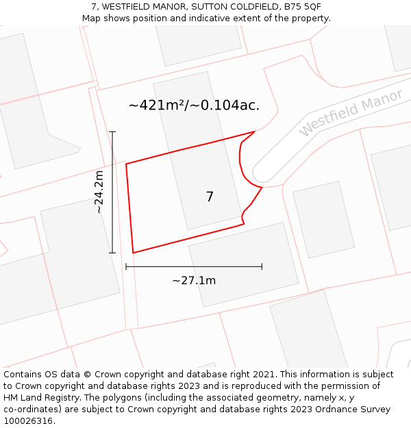 7, WESTFIELD MANOR, SUTTON COLDFIELD, B75 5QF: Plot and title map