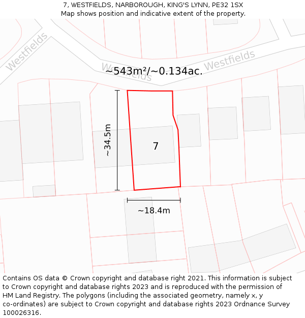 7, WESTFIELDS, NARBOROUGH, KING'S LYNN, PE32 1SX: Plot and title map
