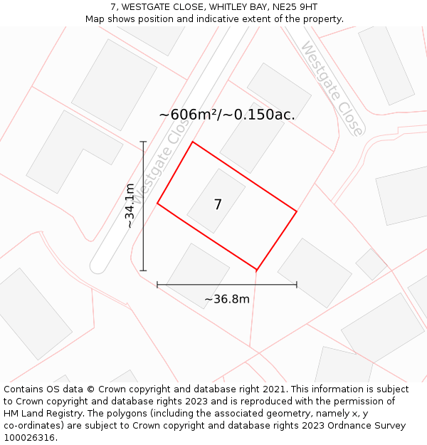 7, WESTGATE CLOSE, WHITLEY BAY, NE25 9HT: Plot and title map