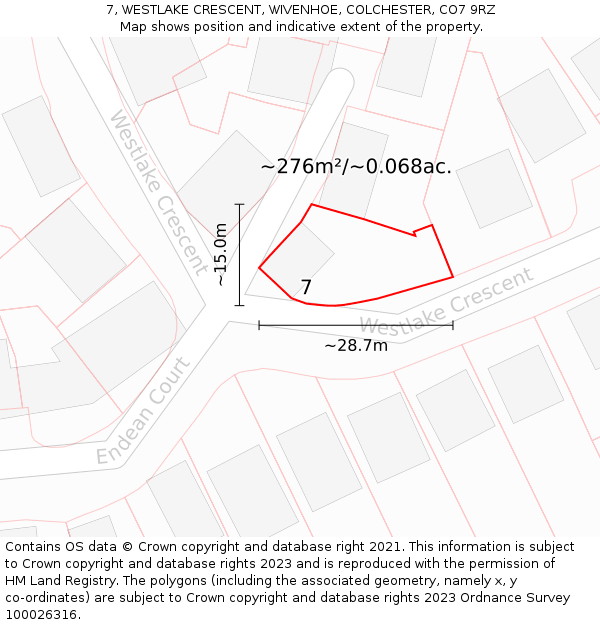7, WESTLAKE CRESCENT, WIVENHOE, COLCHESTER, CO7 9RZ: Plot and title map