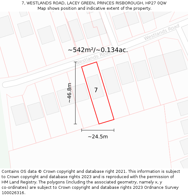 7, WESTLANDS ROAD, LACEY GREEN, PRINCES RISBOROUGH, HP27 0QW: Plot and title map