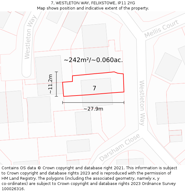 7, WESTLETON WAY, FELIXSTOWE, IP11 2YG: Plot and title map
