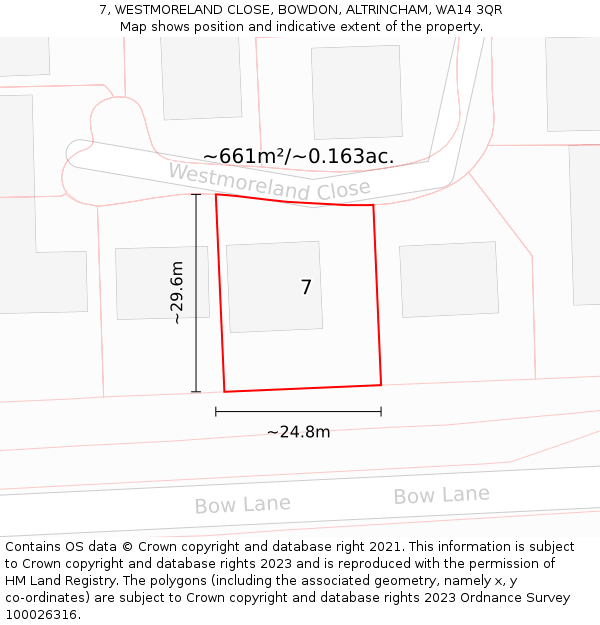 7, WESTMORELAND CLOSE, BOWDON, ALTRINCHAM, WA14 3QR: Plot and title map