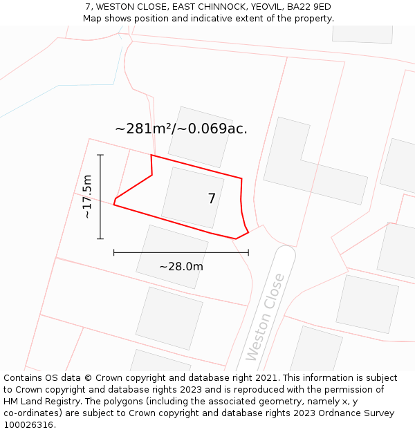 7, WESTON CLOSE, EAST CHINNOCK, YEOVIL, BA22 9ED: Plot and title map