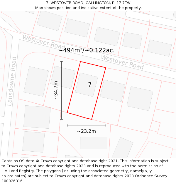 7, WESTOVER ROAD, CALLINGTON, PL17 7EW: Plot and title map