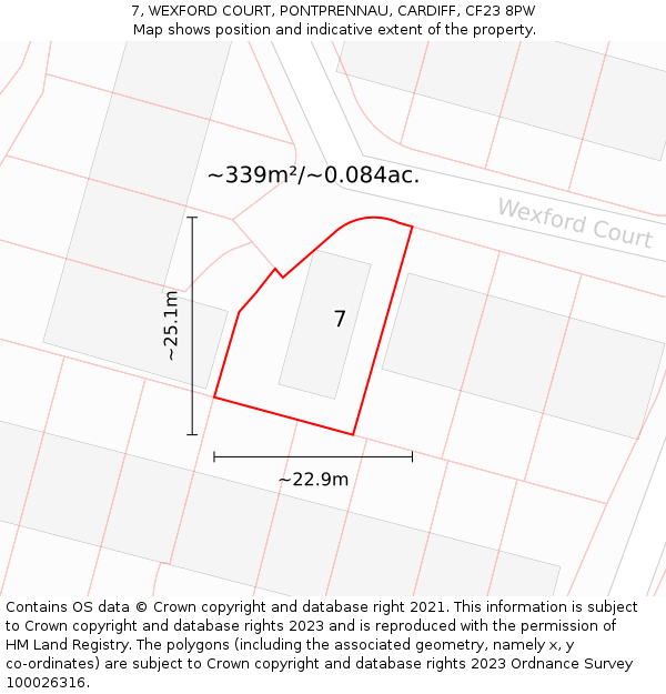 7, WEXFORD COURT, PONTPRENNAU, CARDIFF, CF23 8PW: Plot and title map
