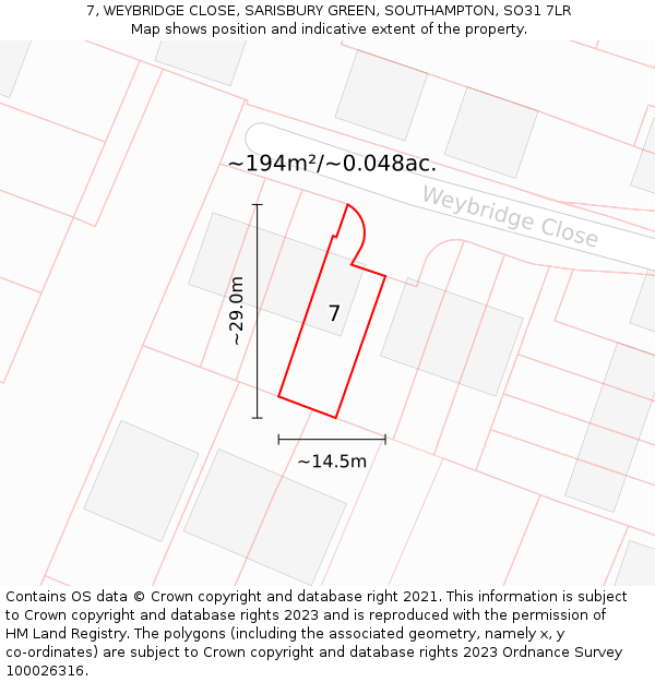 7, WEYBRIDGE CLOSE, SARISBURY GREEN, SOUTHAMPTON, SO31 7LR: Plot and title map