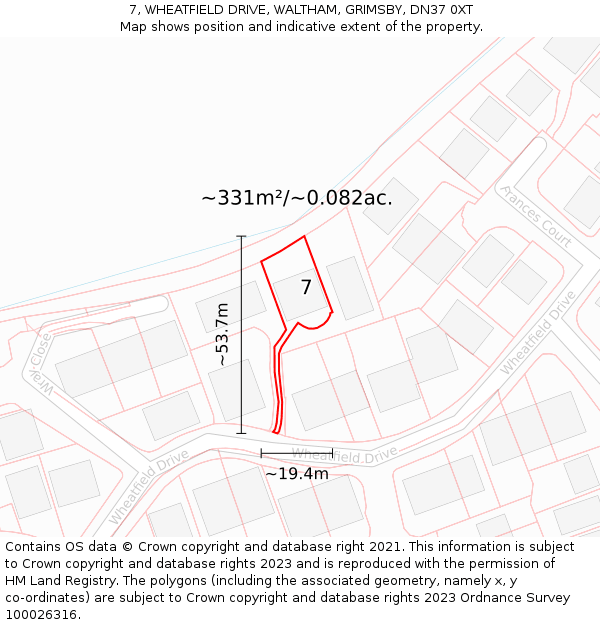7, WHEATFIELD DRIVE, WALTHAM, GRIMSBY, DN37 0XT: Plot and title map