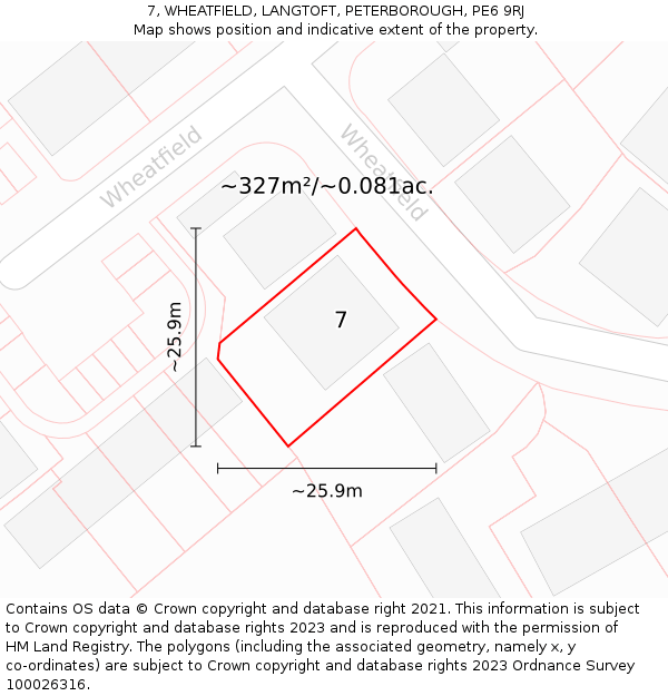 7, WHEATFIELD, LANGTOFT, PETERBOROUGH, PE6 9RJ: Plot and title map
