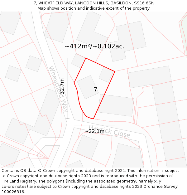 7, WHEATFIELD WAY, LANGDON HILLS, BASILDON, SS16 6SN: Plot and title map
