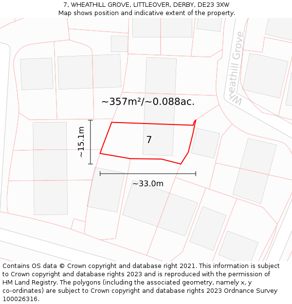 7, WHEATHILL GROVE, LITTLEOVER, DERBY, DE23 3XW: Plot and title map