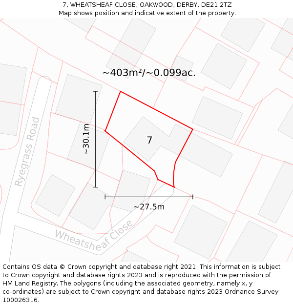 7, WHEATSHEAF CLOSE, OAKWOOD, DERBY, DE21 2TZ: Plot and title map
