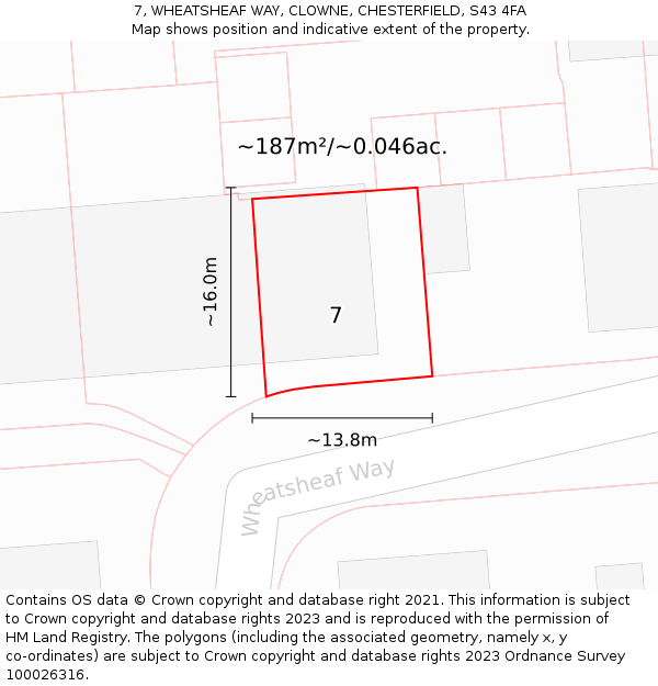 7, WHEATSHEAF WAY, CLOWNE, CHESTERFIELD, S43 4FA: Plot and title map