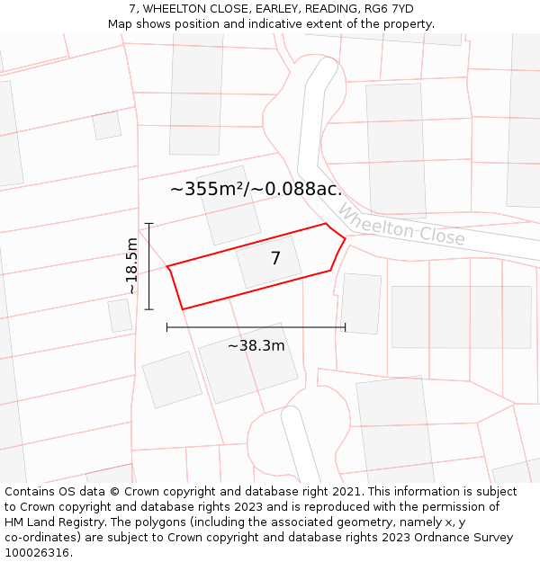 7, WHEELTON CLOSE, EARLEY, READING, RG6 7YD: Plot and title map