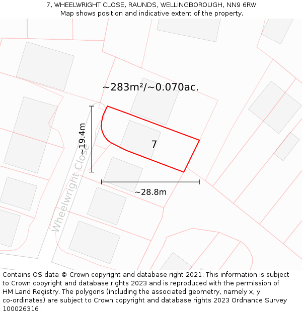 7, WHEELWRIGHT CLOSE, RAUNDS, WELLINGBOROUGH, NN9 6RW: Plot and title map