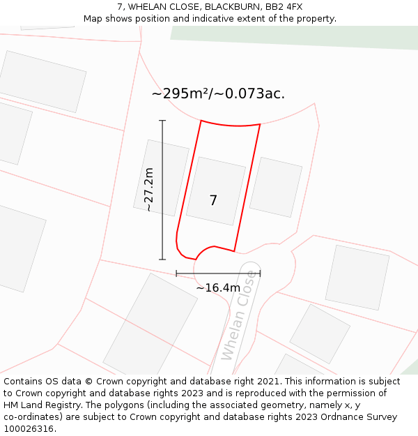 7, WHELAN CLOSE, BLACKBURN, BB2 4FX: Plot and title map