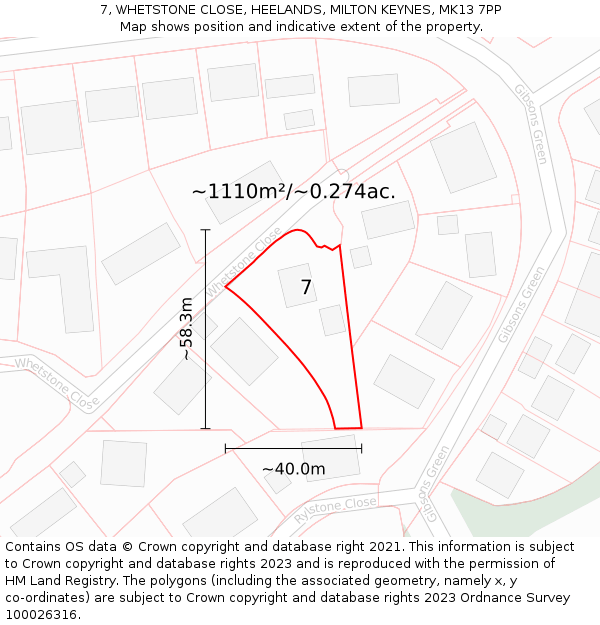 7, WHETSTONE CLOSE, HEELANDS, MILTON KEYNES, MK13 7PP: Plot and title map
