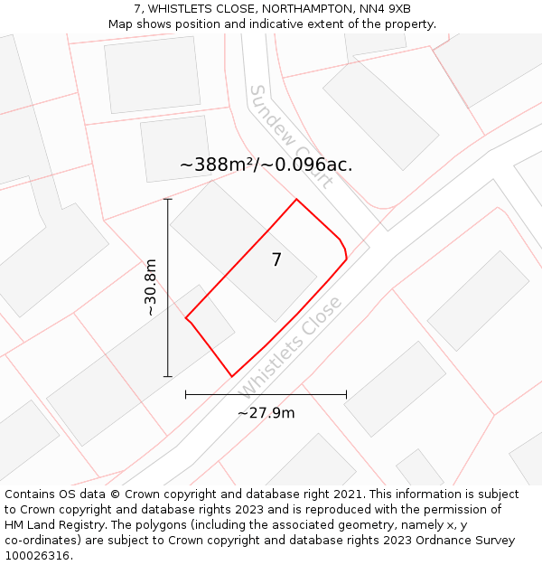 7, WHISTLETS CLOSE, NORTHAMPTON, NN4 9XB: Plot and title map