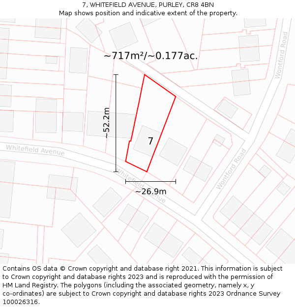7, WHITEFIELD AVENUE, PURLEY, CR8 4BN: Plot and title map