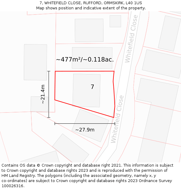 7, WHITEFIELD CLOSE, RUFFORD, ORMSKIRK, L40 1US: Plot and title map