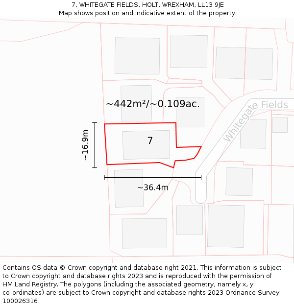 7, WHITEGATE FIELDS, HOLT, WREXHAM, LL13 9JE: Plot and title map